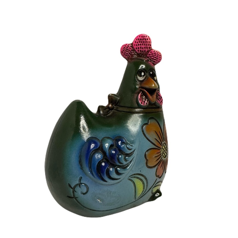 Chicken Feed Vintage Funky Whimsical Hen Chicken Coin Bank Bow Flowers 6.5” Tall - Picture 2 of 12
